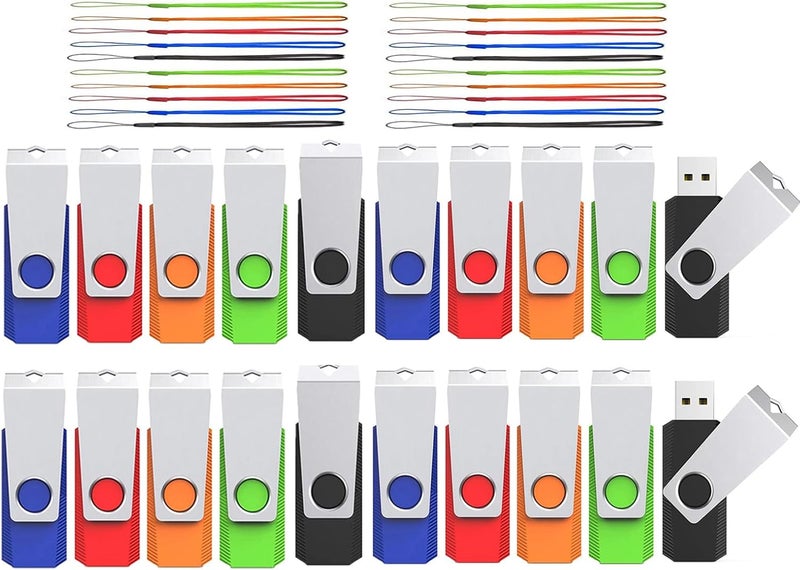 Wooolken 1GB Flash Drive 20 Pack, USB 2.0 Thumb Drives Memory Stick with LED Light and Lanyards for Storage and Backup (Mixed Colors: Black Red Blue Orange Green) - Image 1